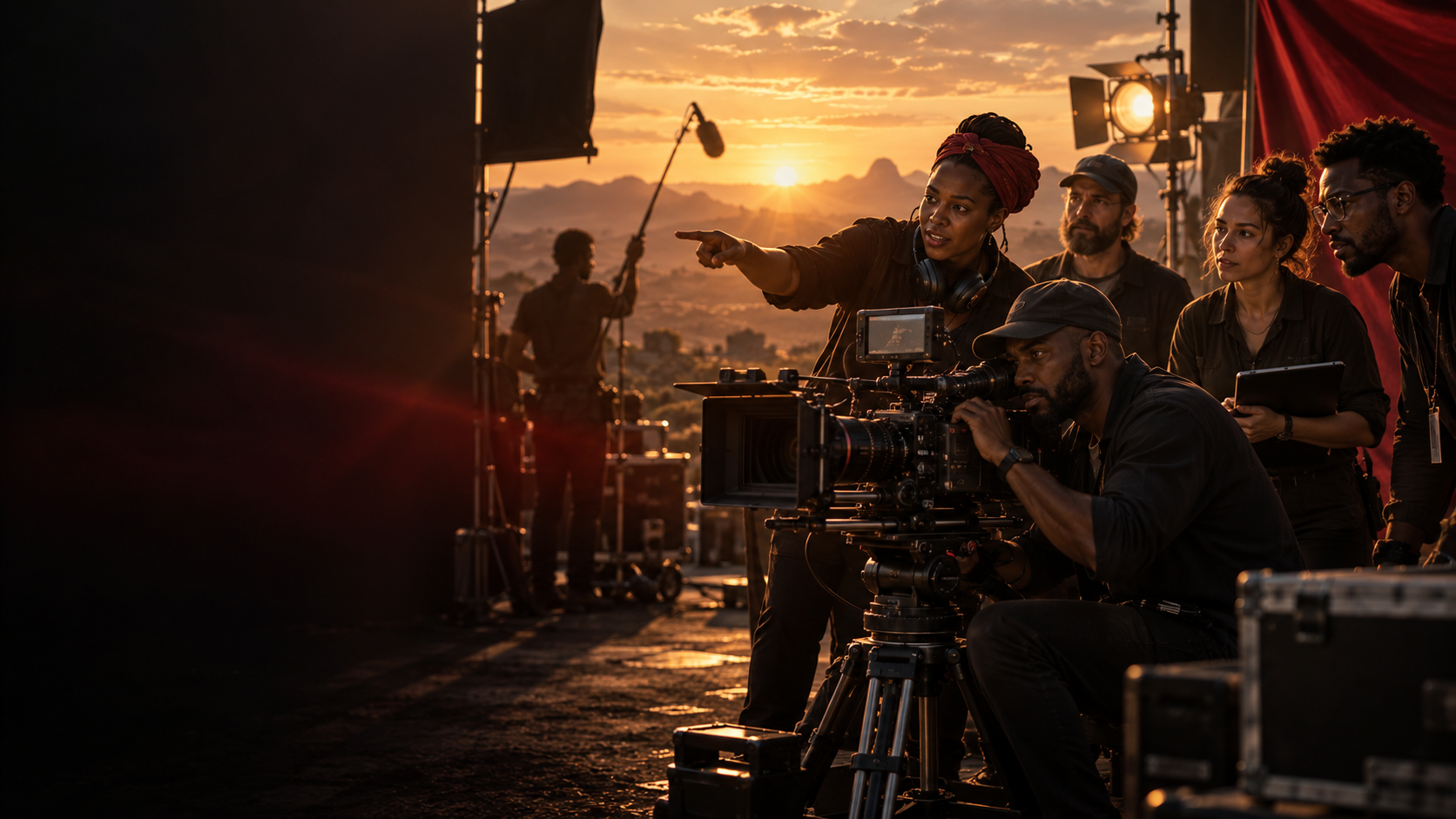 A diverse filmmaking team collaborating around a cinema camera at sunset